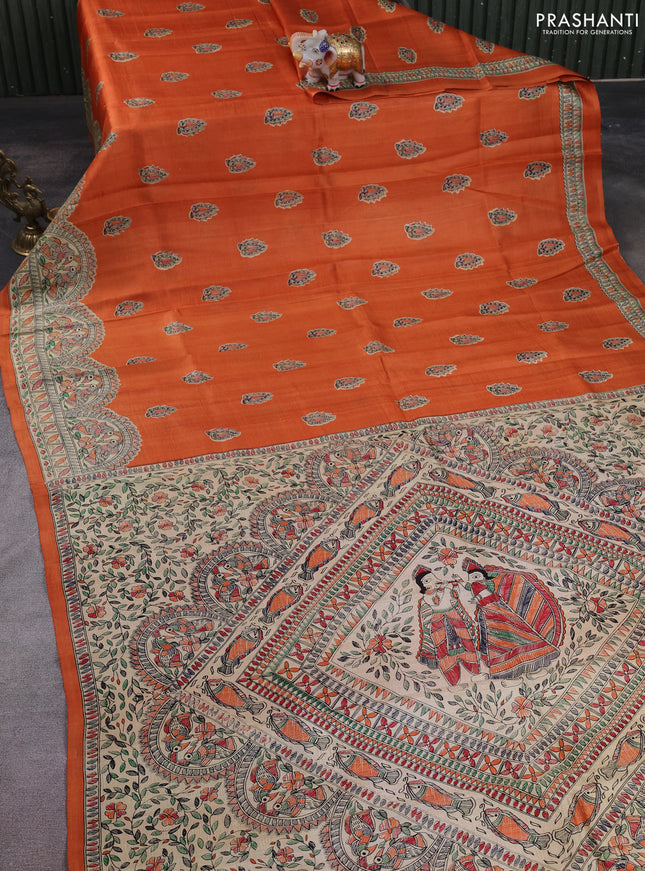 Madhubani printed silk saree orange with butta prints and madhubani printed border