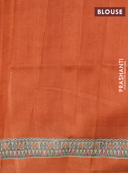 Madhubani printed silk saree orange with butta prints and madhubani printed border