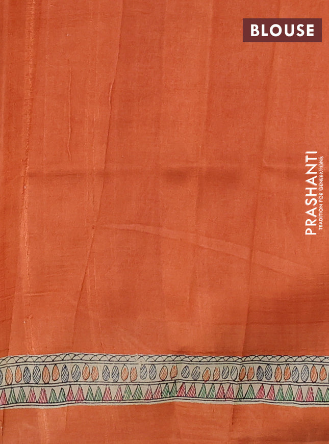 Madhubani printed silk saree orange with butta prints and madhubani printed border