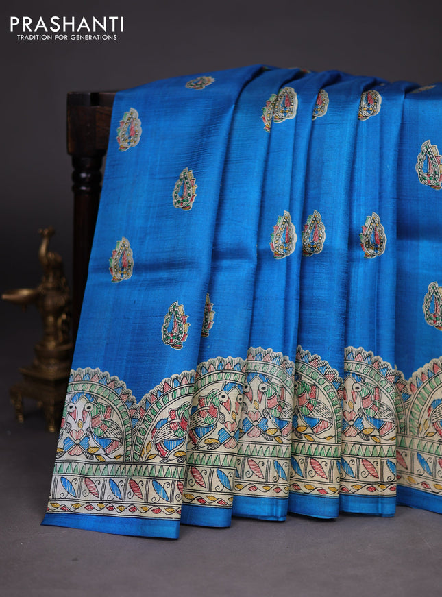 Madhubani printed silk saree cs blue with butta prints and madhubani printed border