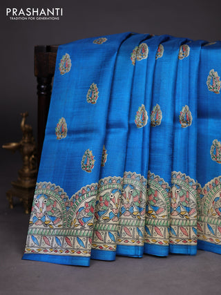 Madhubani printed silk saree cs blue with butta prints and madhubani printed border