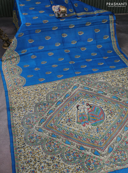 Madhubani printed silk saree cs blue with butta prints and madhubani printed border