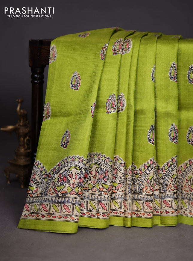 Madhubani printed silk saree light green with butta prints and madhubani printed border