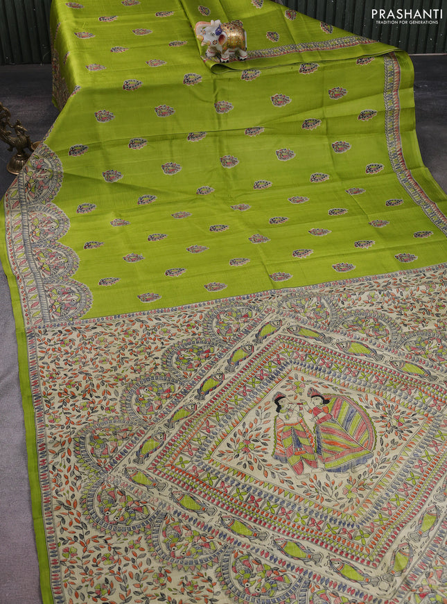 Madhubani printed silk saree light green with butta prints and madhubani printed border