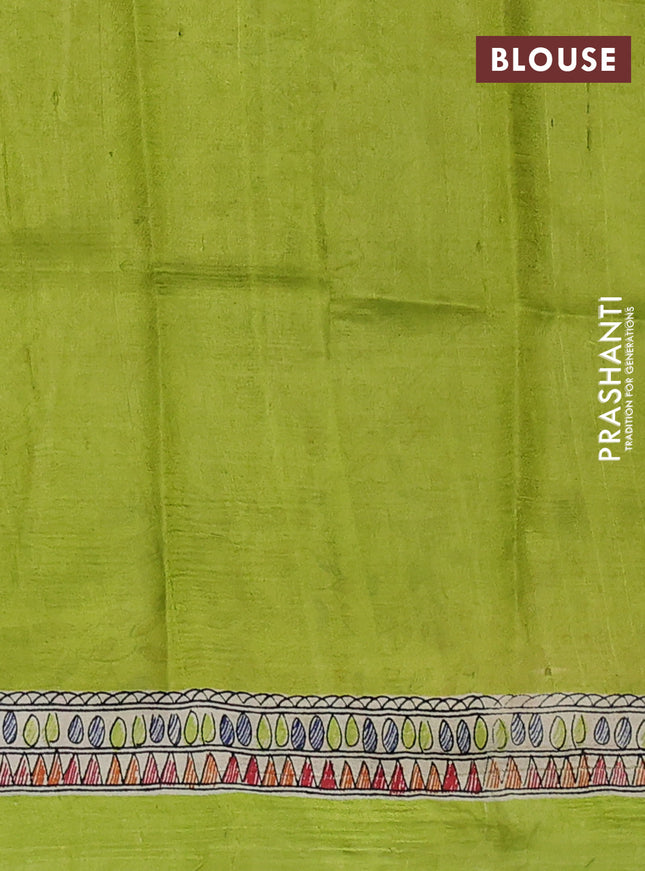 Madhubani printed silk saree light green with butta prints and madhubani printed border