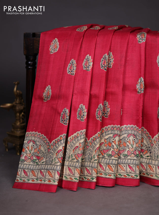 Madhubani printed silk saree tomato pink with butta prints and madhubani printed border