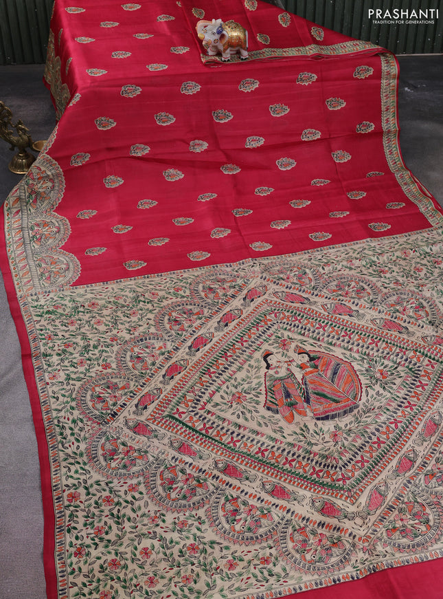 Madhubani printed silk saree tomato pink with butta prints and madhubani printed border