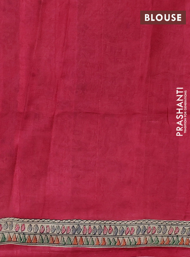 Madhubani printed silk saree tomato pink with butta prints and madhubani printed border