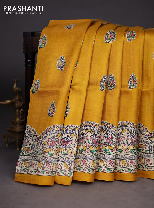 Madhubani printed silk saree mustard yellow with butta prints and madhubani printed border