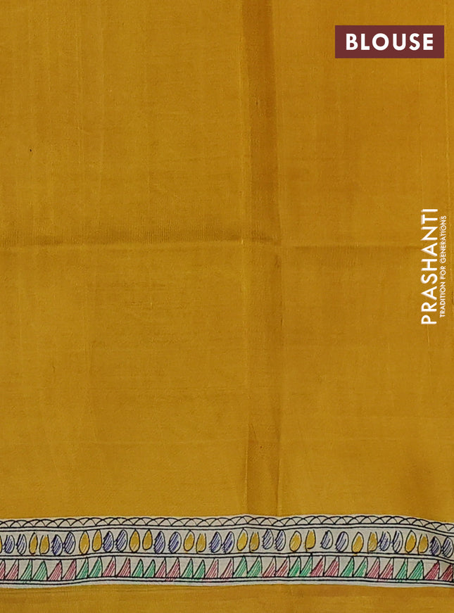 Madhubani printed silk saree mustard yellow with butta prints and madhubani printed border