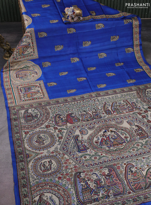 Madhubani printed silk saree blue and cream with butta prints and madhubani printed border