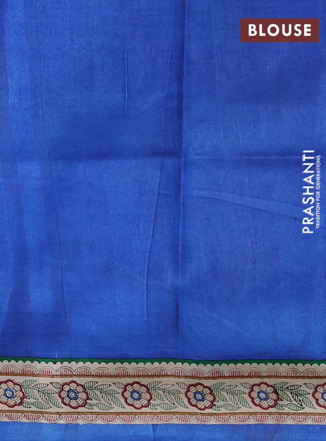 Madhubani printed silk saree blue and cream with butta prints and madhubani printed border