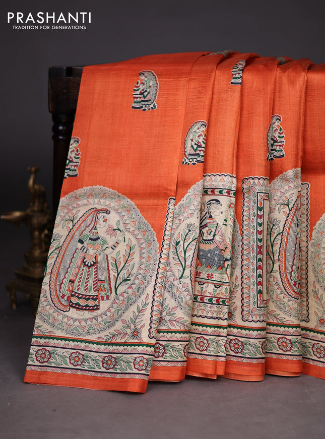Madhubani printed silk saree orange and cream with butta prints and madhubani printed border