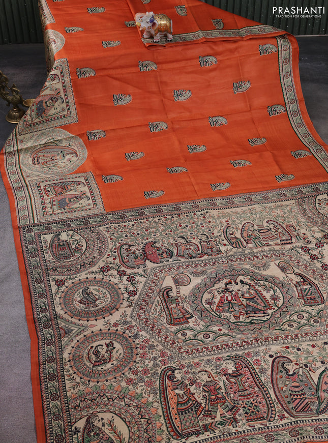 Madhubani printed silk saree orange and cream with butta prints and madhubani printed border