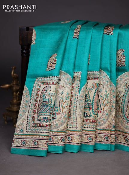 Madhubani printed silk saree teal green and cream with butta prints and madhubani printed border