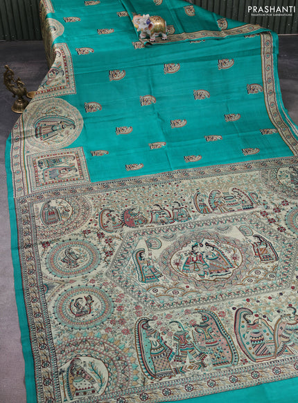 Madhubani printed silk saree teal green and cream with butta prints and madhubani printed border