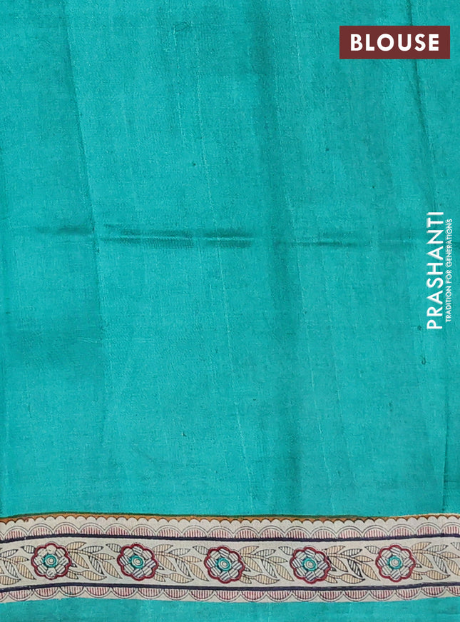 Madhubani printed silk saree teal green and cream with butta prints and madhubani printed border