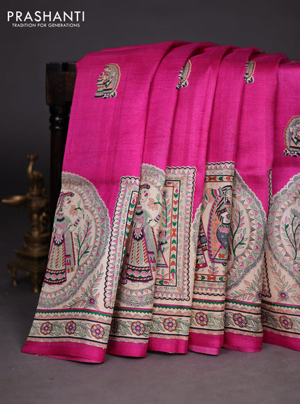 Madhubani printed silk saree pink and cream with butta prints and madhubani printed border