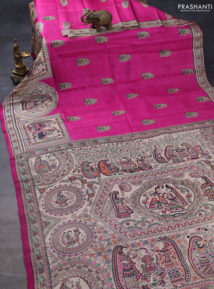 Madhubani printed silk saree pink and cream with butta prints and madhubani printed border