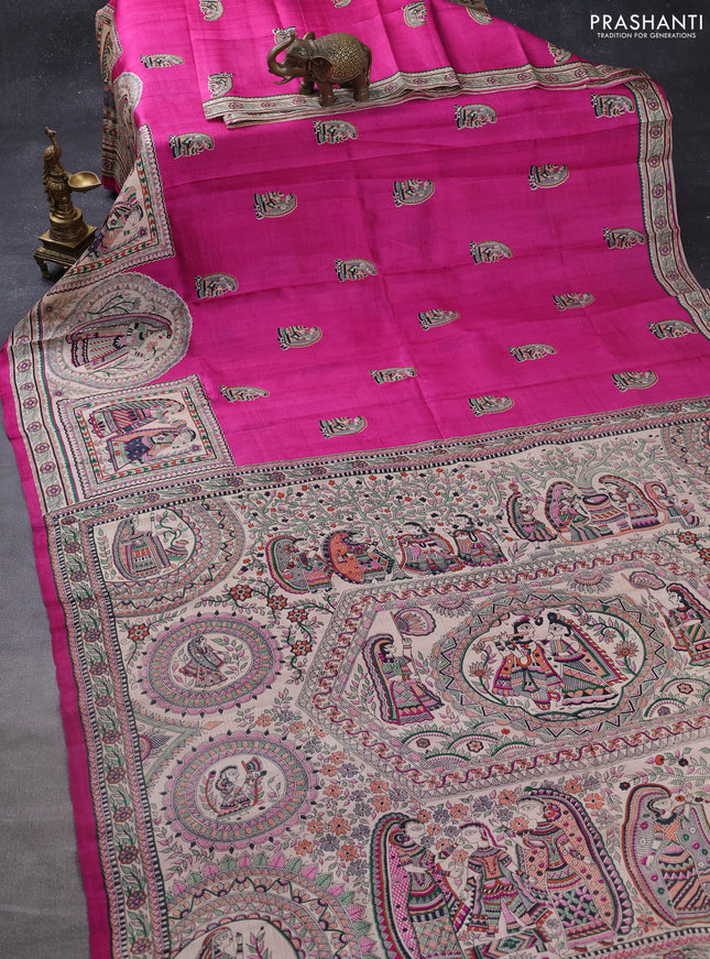 Madhubani printed silk saree pink and cream with butta prints and madhubani printed border