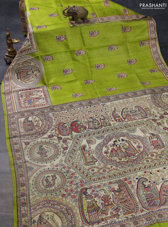 Madhubani printed silk saree light green and cream with butta prints and madhubani printed border