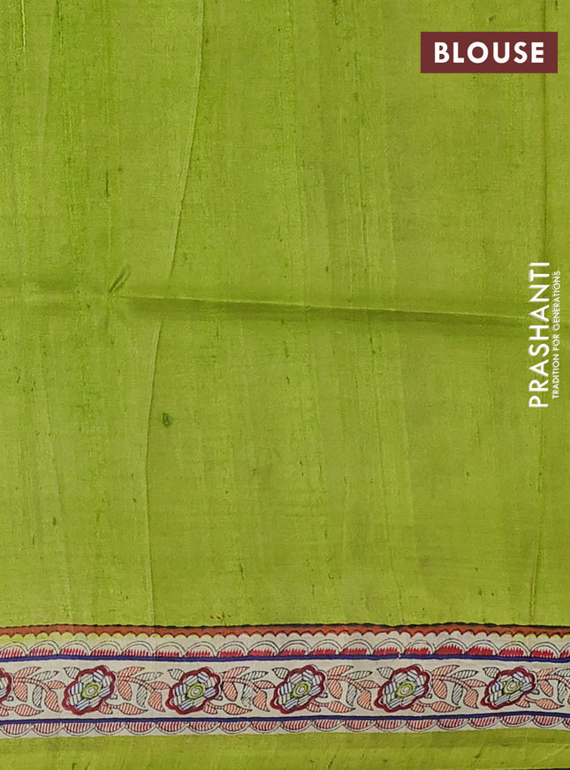 Madhubani printed silk saree light green and cream with butta prints and madhubani printed border