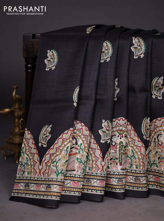 Madhubani printed silk saree black and cream with butta prints and madhubani printed border