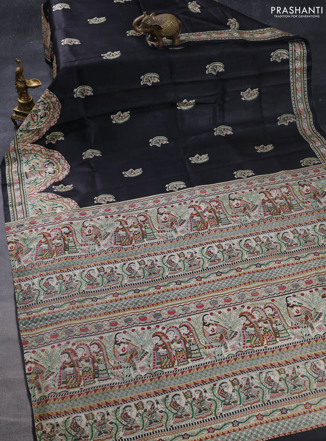 Madhubani printed silk saree black and cream with butta prints and madhubani printed border