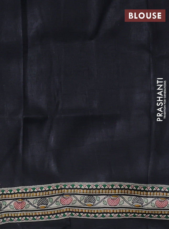 Madhubani printed silk saree black and cream with butta prints and madhubani printed border