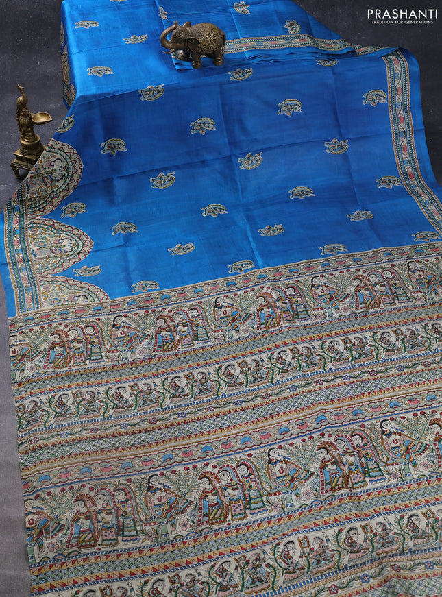 Madhubani printed silk saree cs blue and cream with butta prints and madhubani printed border