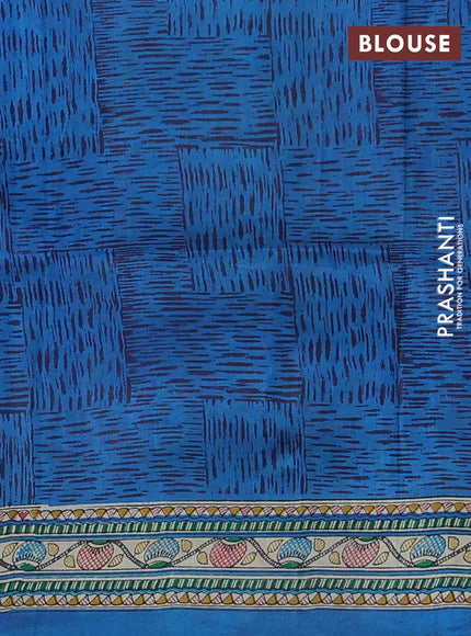 Madhubani printed silk saree cs blue and cream with butta prints and madhubani printed border