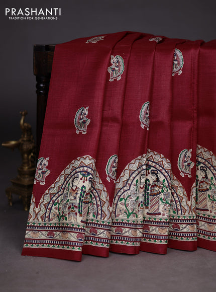 Madhubani printed silk saree maroon and cream with butta prints and madhubani printed border