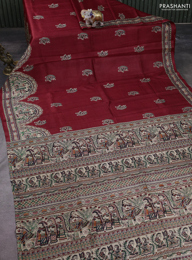 Madhubani printed silk saree maroon and cream with butta prints and madhubani printed border