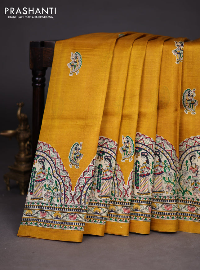 Madhubani printed silk saree mustard yellow and cream with butta prints and madhubani printed border