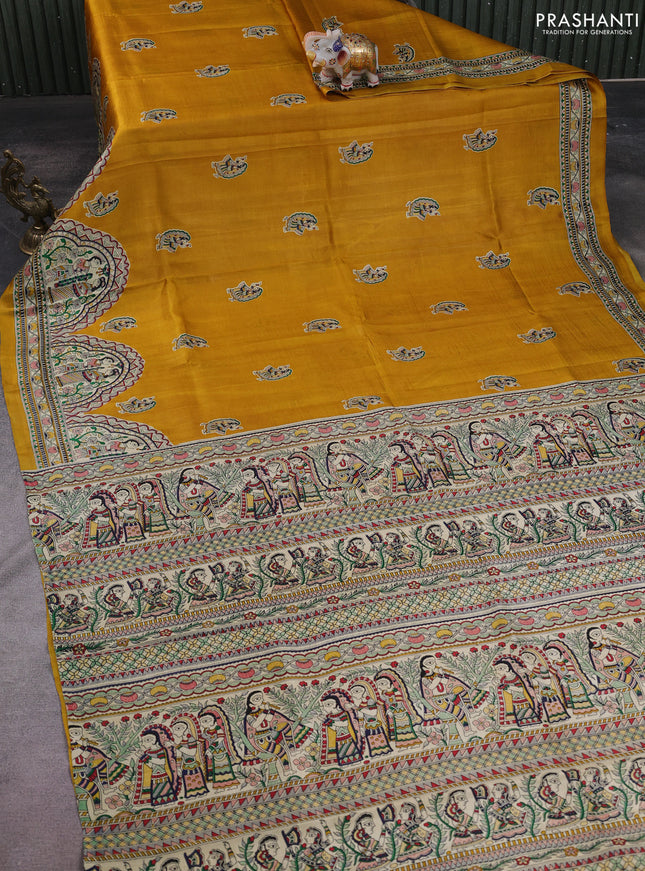 Madhubani printed silk saree mustard yellow and cream with butta prints and madhubani printed border