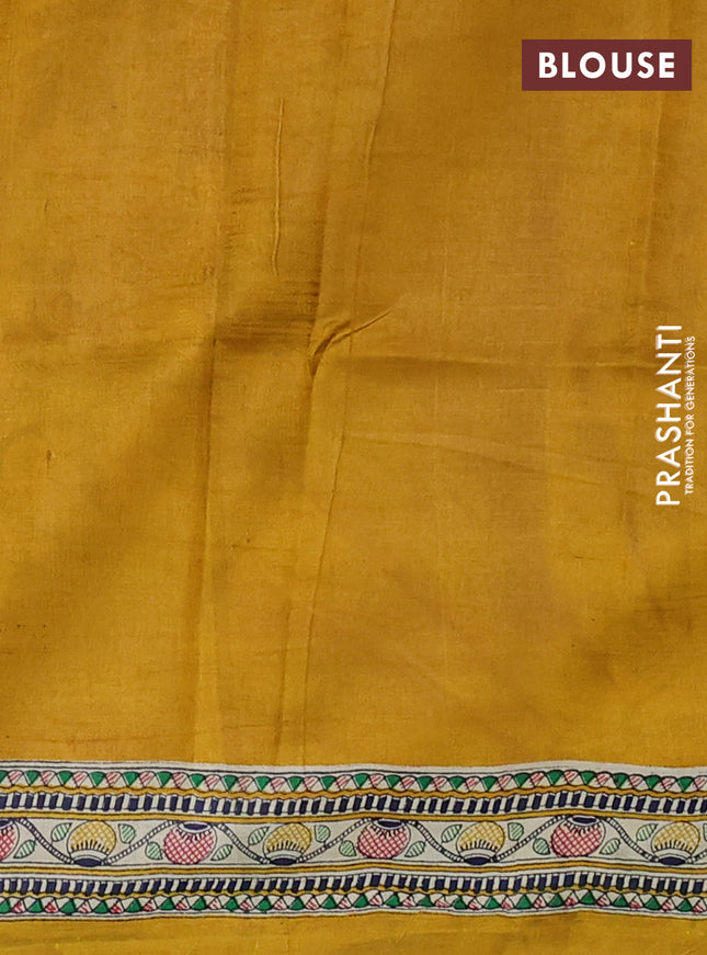 Madhubani printed silk saree mustard yellow and cream with butta prints and madhubani printed border