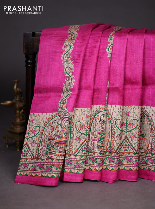 Madhubani printed silk saree pink and cream with butta prints and madhubani printed border