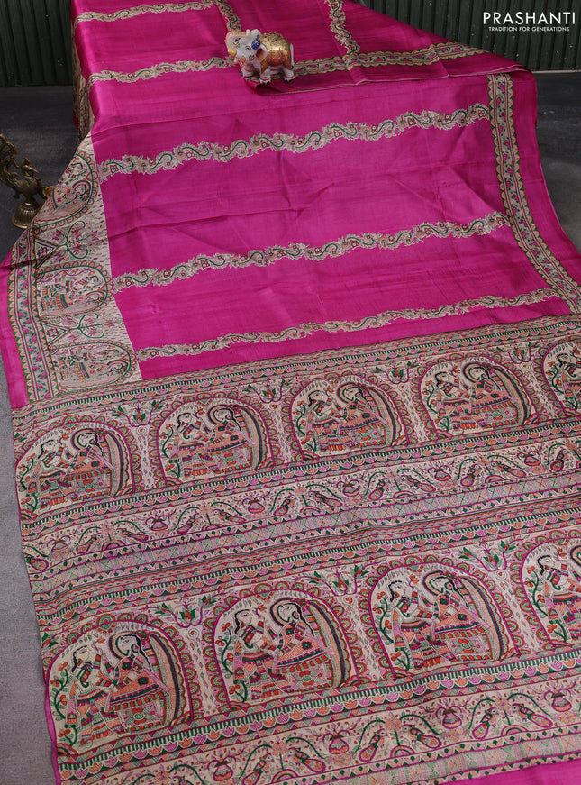 Madhubani printed silk saree pink and cream with butta prints and madhubani printed border