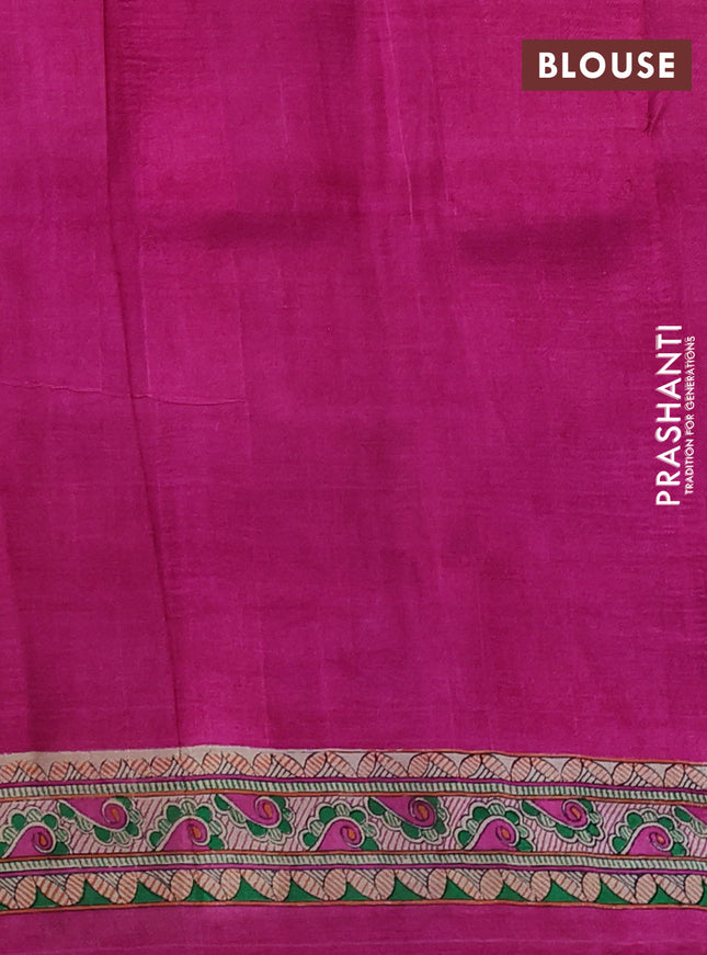 Madhubani printed silk saree pink and cream with butta prints and madhubani printed border