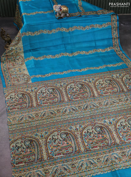 Madhubani printed silk saree teal blue and cream with butta prints and madhubani printed border