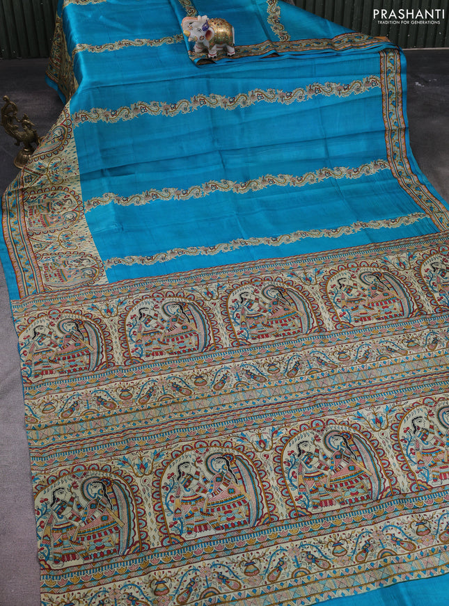 Madhubani printed silk saree teal blue and cream with butta prints and madhubani printed border