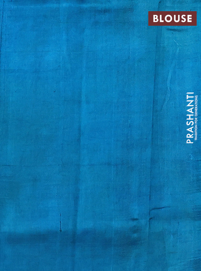 Madhubani printed silk saree teal blue and cream with butta prints and madhubani printed border