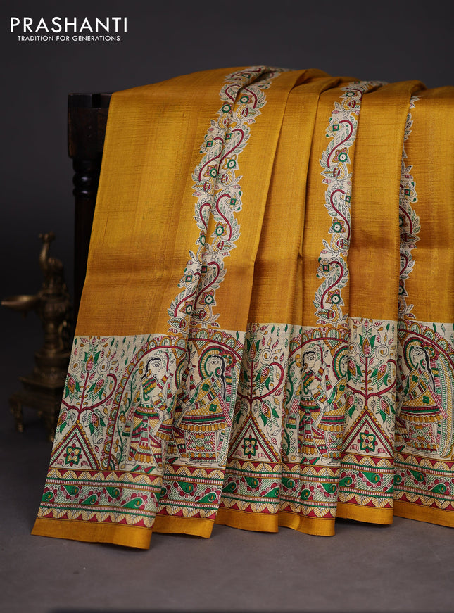 Madhubani printed silk saree mustard yellow and cream with butta prints and madhubani printed border