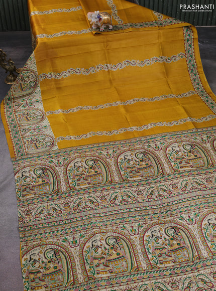 Madhubani printed silk saree mustard yellow and cream with butta prints and madhubani printed border