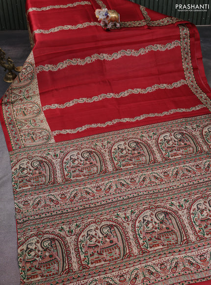 Madhubani printed silk saree maroon and cream with butta prints and madhubani printed border