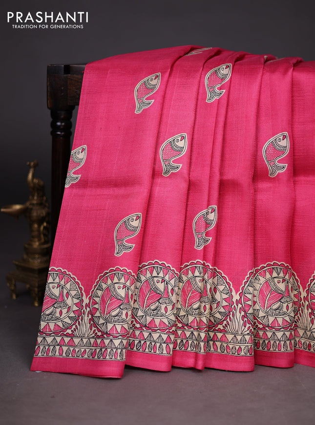 Madhubani printed silk saree peach pink and cream with butta prints and madhubani printed border