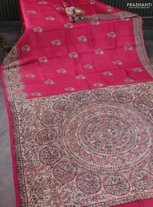 Madhubani printed silk saree peach pink and cream with butta prints and madhubani printed border