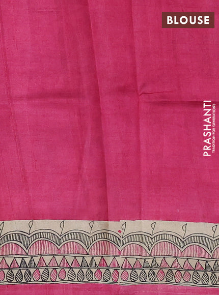 Madhubani printed silk saree peach pink and cream with butta prints and madhubani printed border