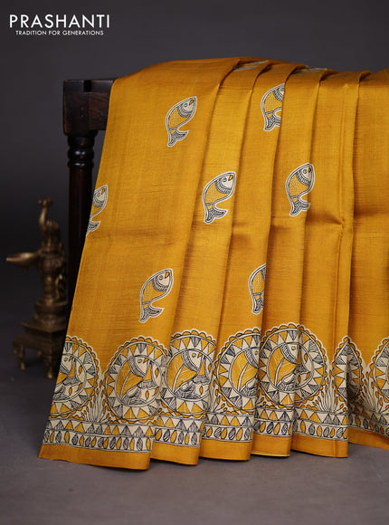 Madhubani printed silk saree mustard yellow with butta prints and madhubani printed border