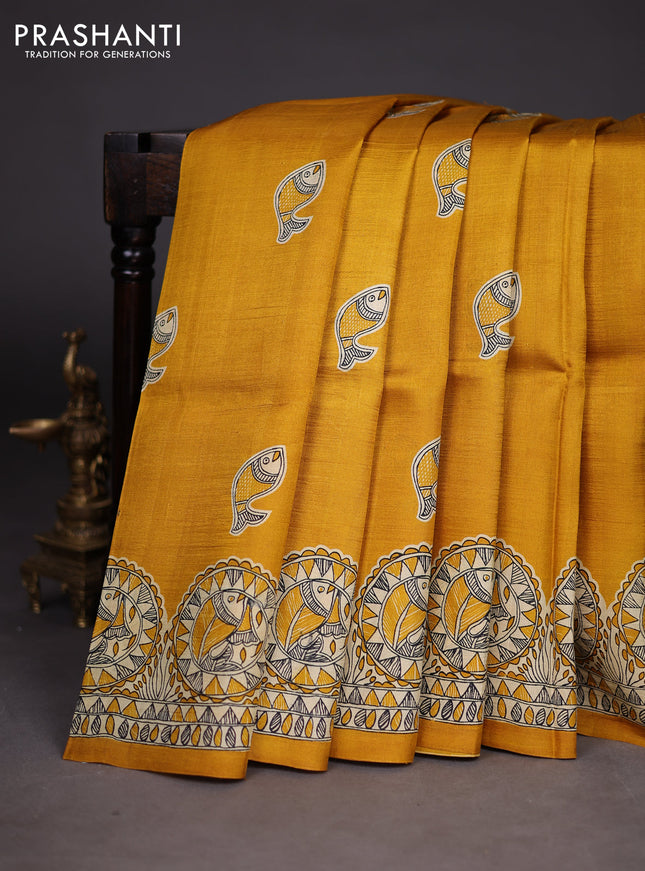 Madhubani printed silk saree mustard yellow with butta prints and madhubani printed border